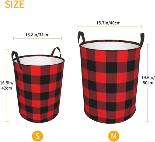 Vista 5 de Cesta circular con estampado de cuadros de búfalo impermeable, cesta organizadora de lavandería, con asas, para ropa, juguetes, pequeña