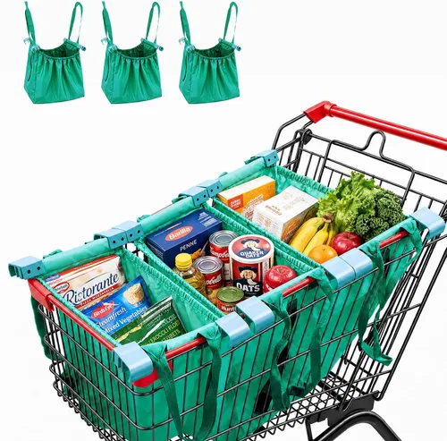 Vista 8 de Handy Sandy Paquete de 3 bolsas de compras reutilizables, bolsas resistentes para carrito de comestibles con clip universal, bolsas plegables