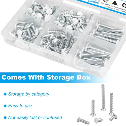 Vista 5 de Kit de 120 tornillos blancos para placas de pared, sujetadores de rosca #6-32 para cubiertas de tomacorrientes y placas de interruptores con 4