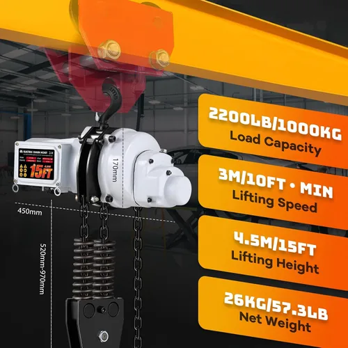 Vista 2 de Mxmoonant Polipasto eléctrico de cadena de 2200 libras, cadena doble G80 de altura de elevación de 15 pies, alzamiento de grúa eléctrica de 1
