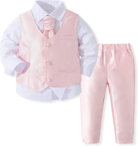 Vista 7 de Kimocat Ropa para bebé niño, traje de caballero esmoquin de manga larga con chaleco, traje de boda, traje de fiesta de cumpleaños Azul 3