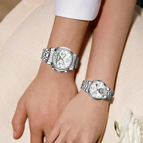 Vista 4 de OLEVS Relojes de pareja para hombres y mujeres, reloj automático para él y ella, tono de remolque, de acero inoxidable, impermeable, luminoso