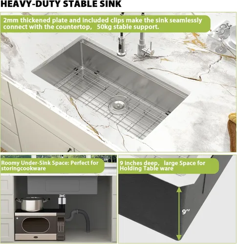 Vista 5 de Fregadero de 28x19x9 Inch Single Bowl Integrated Ledge Deep Bowl Handmade Under Counter Sink
