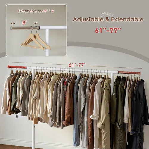 Vista 5 de Raybee Perchero de ropa de 400 libras para colgar ropa a partir de 200+, perchero extensible con ruedas y estantes resistentes, perchero portátil