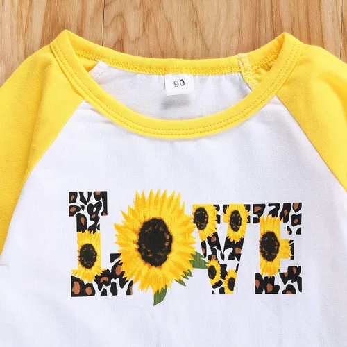 Vista 4 de 2 unids bebé niñas girasol otoño ropa fuera del hombro camiseta superior volante flare pantalones conjunto niños campana inferior trajes