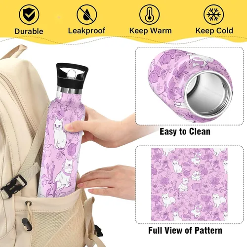 Vista 4 de Art Exotic Shorthair Cats Pink Double Wall Vacuum Insulated Bottles Water Bottles With Straws Leak-proof BPA-Free Leak Proof for Gym Sports