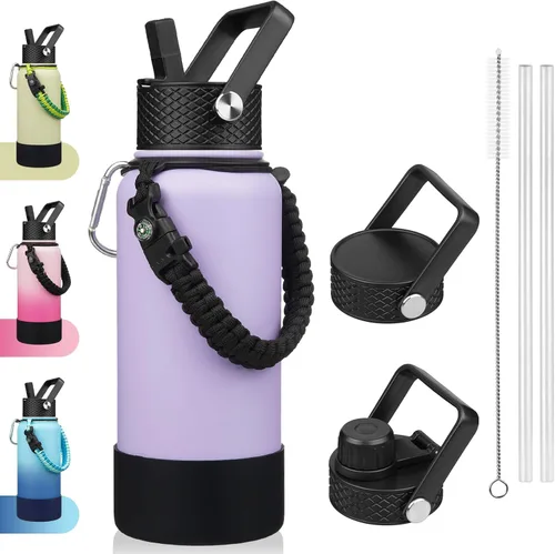 Vista 41 de BJPKPK - Botella de agua con tapa de popote, botellas de agua aisladas de 18 onzas con 3 tapas, asa de cuerda de paracaídas y base antideslizante