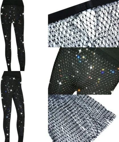 Vista 7 de Pantalones sexys de malla con diamantes de imitación de cristal para mujer, leggings de malla calada, para fiesta rave, festival, club, pantalones