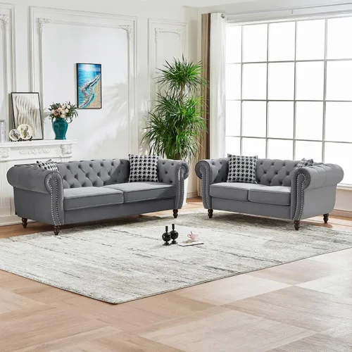 Vista 16 de Juego de 2 sofás de terciopelo negro moderno de mediados de siglo, sofá y sofá biplaza con botones copetudos, muebles para la sala, cómodo sofá Azul