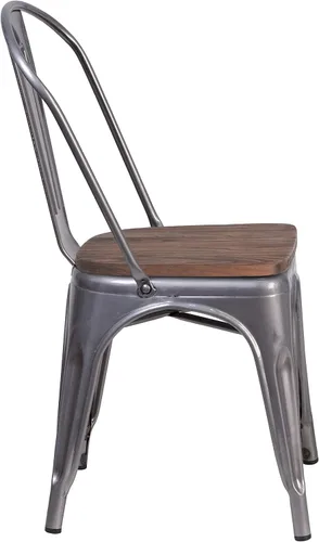 Vista 7 de Merrick Lane Silla de comedor apilable con respaldo de listones verticales de metal, marco recubierto transparente, asiento de madera de olmo