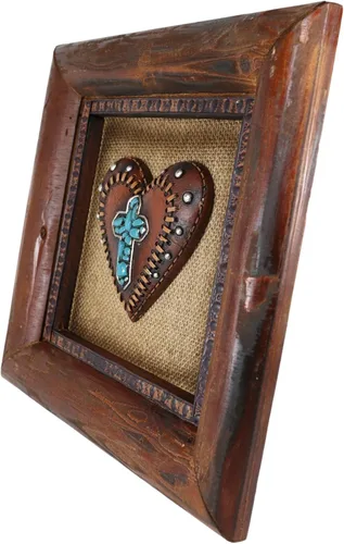 Vista 4 de Ebros Gift Rocas rústicas del suroeste del suroeste turquesa con cruz y corazón de imitación de cuero de encaje de madera para decoración de pared