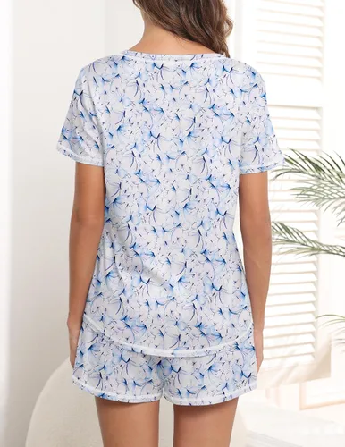 Vista 4 de Ekouaer Conjunto de pijama de manga corta para mujer, ropa de dormir casual, de dos piezas, con bolsillos