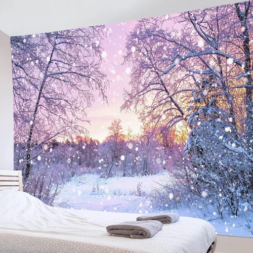 Vista 17 de HVEST Tapiz de bosque de invierno para colgar en la pared, montaña, nieve y pino, exterior, ventana de Navidad, arte de pared, tapiz de invierno
