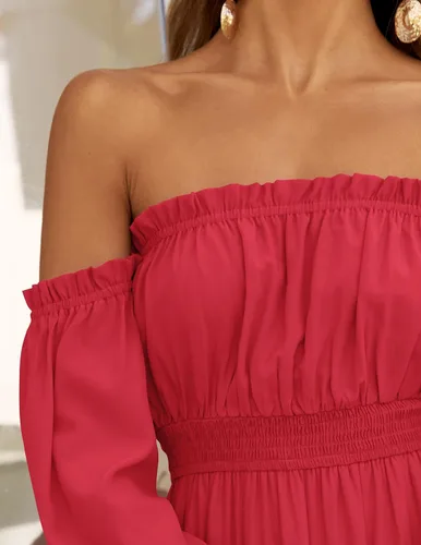 Vista 30 de ZESICA - Vestido largo, bohemio y sexy, con hombros descubiertos y manga larga fruncida, con elástico fruncido, cintura alta y abertura lateral