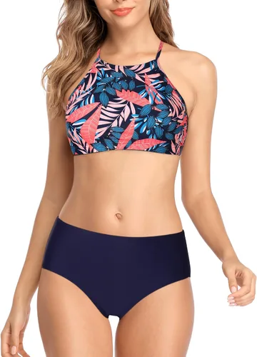 Vista 4 de CharmLeaks - Conjuntos de bikini para mujer, trajes de baño deportivos de dos piezas con cuello alto