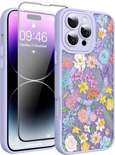 Vista 8 de Magnético para iPhone 13 con protector de pantalla [Compatible con MagSafe] Diseño de patrón floral de flores bonitas, funda delgada a prueba