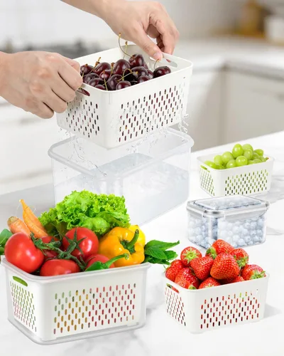 Vista 2 de TBMAXS Paquete de 4 recipientes de almacenamiento de alimentos para refrigerador con colador, herméticos, sin BPA, contenedor de plástico