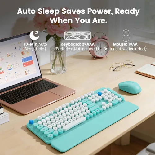 Vista 8 de Combo de teclado y mouse inalámbricos con reposamuñecas magnético, teclas redondas, teclado retro de tamaño completo, patas inclinables de dos Azul
