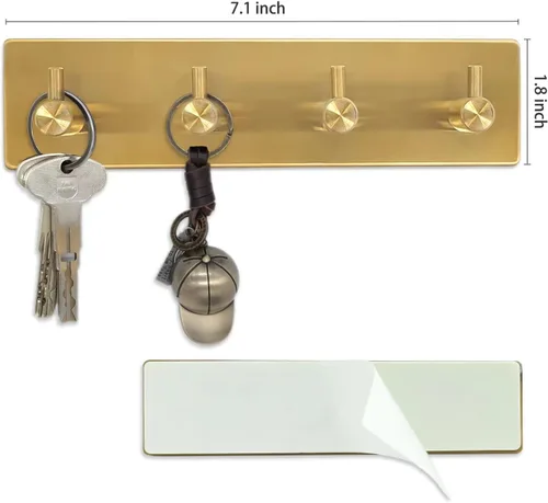 Vista 5 de Perchero autoadhesivo para llaves con 4 ganchos para llaves, máscaras, entrada de pared, colgador de pasillo, color dorado