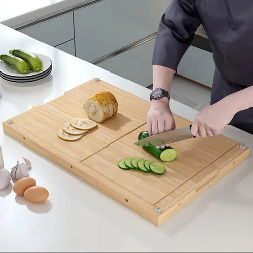 Vista 3 de Tabla de cortar de bambú de doble cara de 28 x 18 pulgadas con ranura para jugo, tablas de cortar grandes de madera para cocina, tabla de cortar