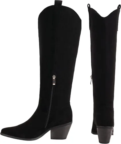 Vista 7 de Reitoye Botas vaqueras para mujer, bordadas, vaquera occidental, botas de tacón alto y grueso, con pestañas para tirar