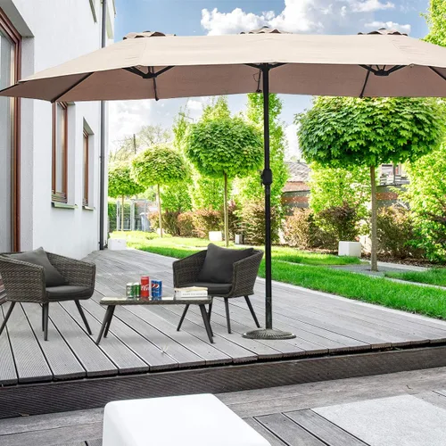 Vista 4 de Tangkula Sombrilla de patio de 15 pies de doble cara para mesa de mercado al aire libre con manivela (beige)