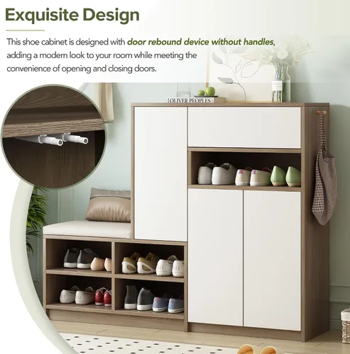 Vista 5 de LUMISOL Zapatero con asiento acolchado para entrada, organizador multifuncional de almacenamiento de zapatos con estantes ajustables, organizador
