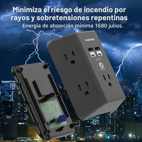 Vista 4 de POWERIVER - Extensor de sobretensiones multitoma de corriente con 5 salidas de CA y 4 puertos USB (2 USB C), 1,680 julios, divisor de salida