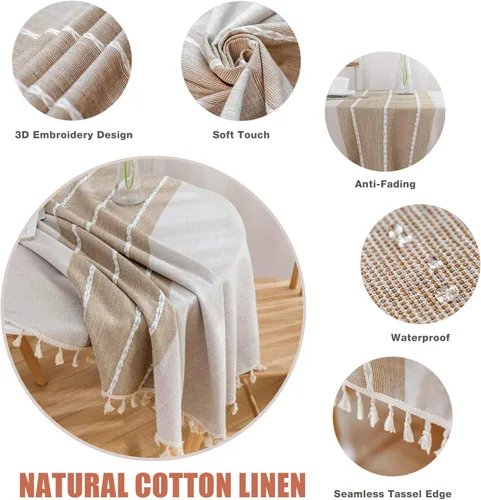 Vista 2 de Vonabem Mantel con borlas de algodón y lino, para cocina, comedor, sin arrugas, manteles (café, 60 pulgadas, redondo)
