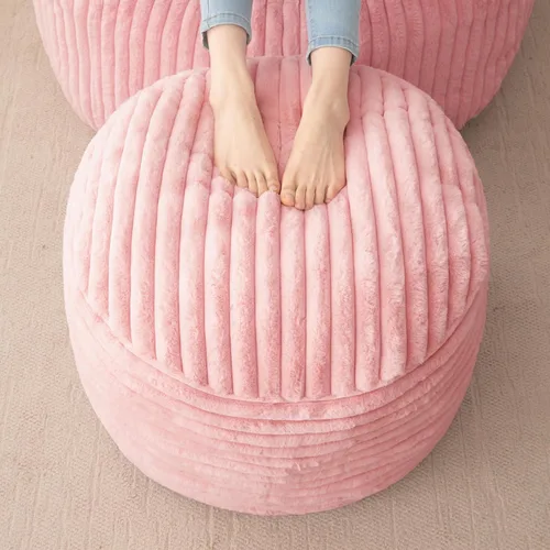 Vista 12 de HIGOGOGO Puf Otomano Redondo Relleno, Pufs de Piel Sintética a Rayas con Relleno de Trozos de Espuma, Puf Peludo y Esponjoso Taburete Reposapiés