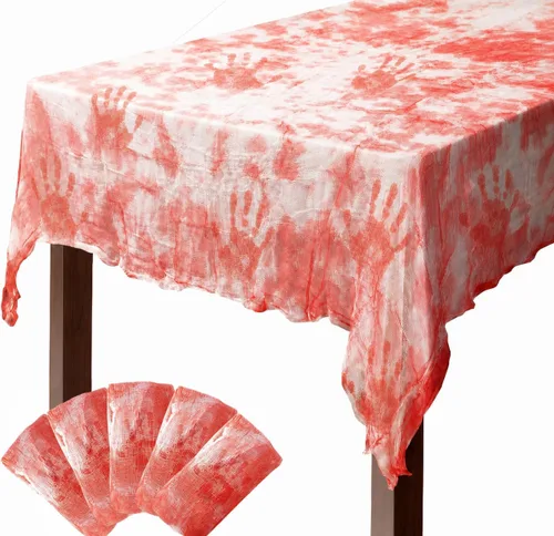 Vista 8 de Mantel de gasa sangrienta para Halloween, 3 piezas, 85 x 60 pulgadas, mantel con estampado de manos sangrientas Mantel rectangular aterrador