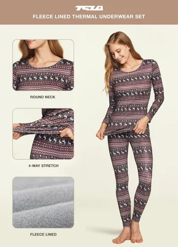 Vista 4 de TSLA Conjunto de ropa interior térmica para mujer, vellón suave, pantalones largos, primera capa cálida para invierno, parte superior e inferior