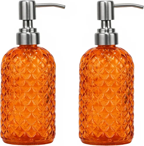 Vista 17 de Dispensador de jabón de vidrio con patrón de diamante de 16 onzas, dispensador de jabón recargable para cocina y baño, con bomba de acero inoxidable