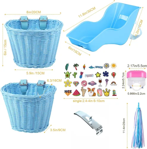 Vista 2 de Aurelema Asiento de bicicleta de muñeca con 30 calcomanías de calcomanías, cesta de bicicleta para niños, manillar de bicicleta, cintas coloridas