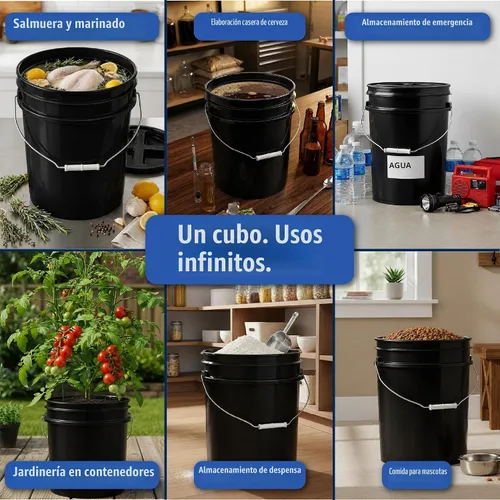 Vista 3 de ePackageSupply - Cubo de 5 galones, grado alimenticio, sin BPA, color negro y negro, 1 unidad Negro/Negro