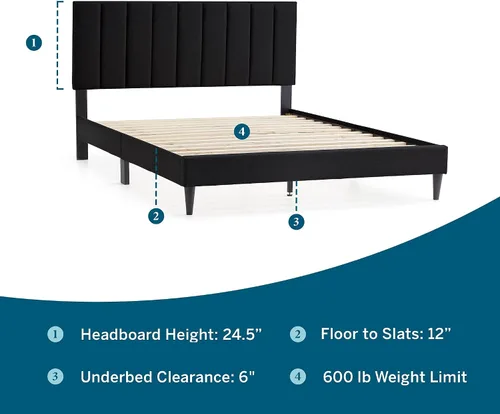 Vista 2 de Lucid - Cama de plataforma tapizada con un cabecero tapizado, de madera resistente, no requiere somier Negro