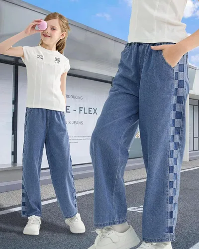 Vista 3 de Rolanko Pantalones vaqueros para niñas, cintura elástica, pierna ancha, pantalones holgados para niños, ropa para niños de 4 a 14 años