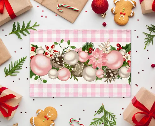 Vista 6 de Nepnuser Juego de 4 Manteles Individuales de Navidad a Cuadros Vichy y de Búfalo Rosa y Blanco, Decoración Navideña para Hogar Cocina Mesa de Comedor