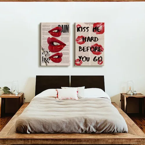 Vista 6 de 2 piezas de lienzo enmarcado, arte de pared, decoración de pared de moda preparada, pósteres de labios rojos funky, impresiones de cuadros