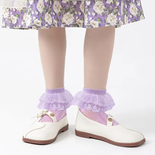 Vista 4 de Looching Calcetines con volantes de malla para bebé y niñas pequeñas, con ojales, de algodón, con volantes, 5 pares