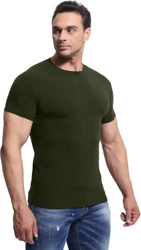 Vista 5 de Plameil Camisetas musculares elásticas de manga corta para hombre, cuello redondo, para entrenamiento de culturismo, color negro