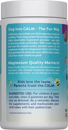 Vista 3 de Natural Vitality Kids Calm Gomitas de glicinato de magnesio Sabor a uva agria Suplemento sin OMG, vegano y sin gluten 60