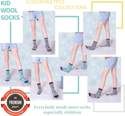 Vista 3 de LANLEO Calcetines de lana para niños pequeños y niñas, para senderismo, para invierno, cálidos, acogedores, gruesos, pesados, térmicos, 6 pares
