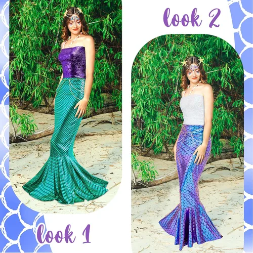 Vista 5 de Panitay 2 Sets Halloween Mermaid Costume for Women Shiny Mermaid Skirt Sequin Tube Top Face Gems Pearl Waist and Head Chain