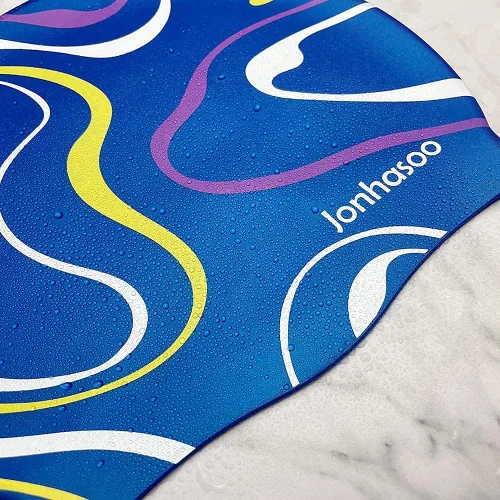 Vista 6 de Gorro de natación de silicona para mujer, gorras de natación impermeables de pelo largo con rayas de color impresas