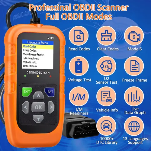Vista 2 de Lector de código de escáner V119 OBD2, herramienta de diagnóstico de luz de motor de verificación, probador de voltaje de automóvil para vehículos