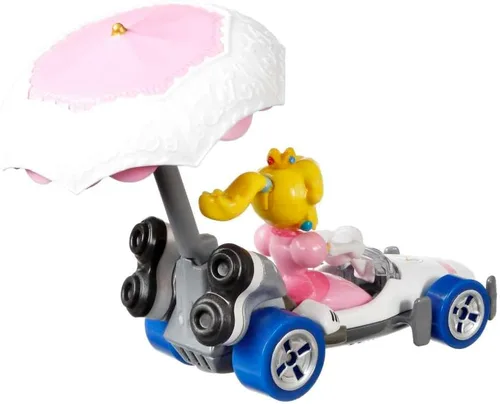 Vista 4 de Hot Wheels Mario Kart Princess Melocotón fundido a presión en B-Dasher Kart con parasol de melocotón planeador