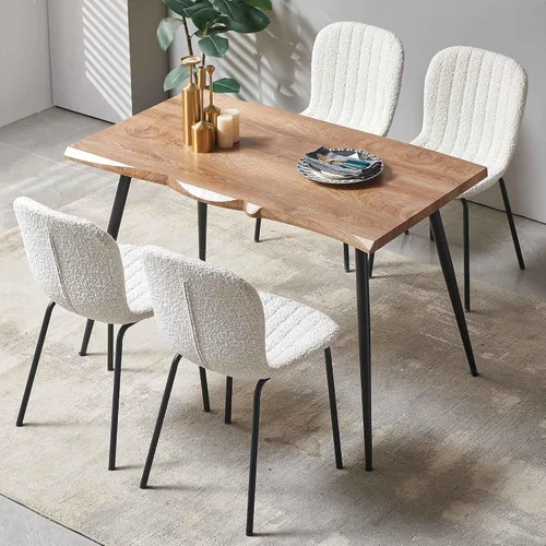 Vista 6 de Juego de 4 mesas de comedor para 4 personas con sillas blancas Boucle, mesa de centro rectangular moderna de mediados de siglo, mesa de cocina