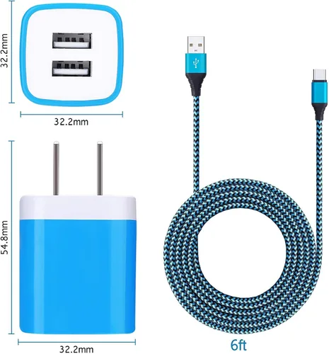 Vista 6 de Cargador USB tipo C enchufe de doble puerto cargador de pared rápido bloque de carga de teléfono con 2 cables C de 6 pies para Samsung Galaxy S26