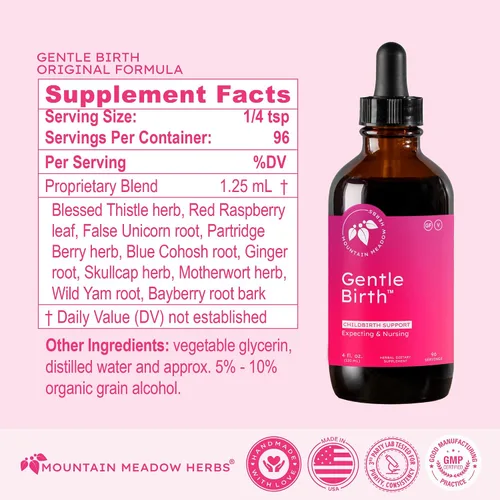 Vista 4 de Mountain Meadow Herbs Gentle Birth for Birth Prep / Preparación del parto, extracto de hierbas líquido de acción rápida para apoyo al parto - 4oz
